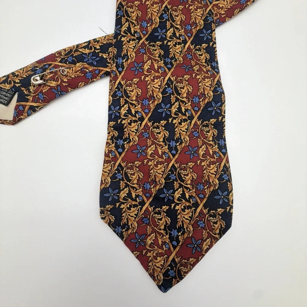 Pierre Balmain Paris Silk Tie Ornate Floral Pattern Gold Navy Burgundy